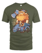 Fearless Viking Warrior Riding Blue Dragon Graphic Tee - military green t-shirt on white background