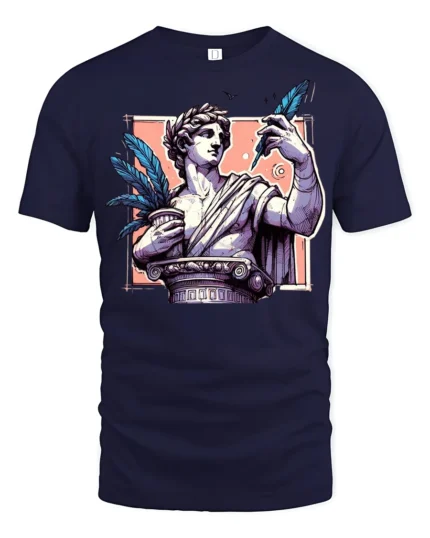 Creative Greek Statue Roman Column Feather Pen Graphic Tee - navy t-shirt on white background
