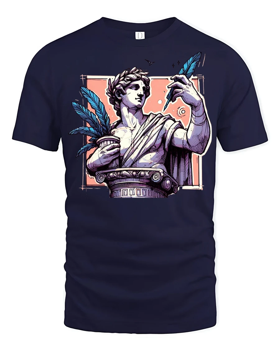 Creative Greek Statue Roman Column Feather Pen Graphic Tee - 1 Creative Greek Statue Roman Column Feather Pen Graphic Tee - navy t-shirt on white background