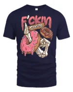 Ghoulish Fckin Donuts Skeleton Hand Dripping Glaze Graphic Tee - navy t-shirt on white background