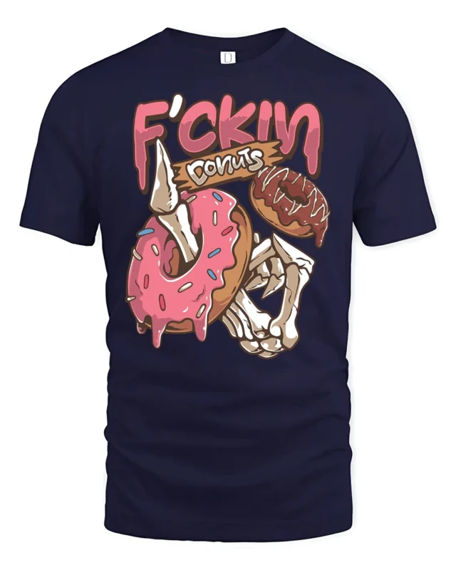 Ghoulish Fckin Donuts Skeleton Hand Dripping Glaze Graphic Tee - navy t-shirt on white background