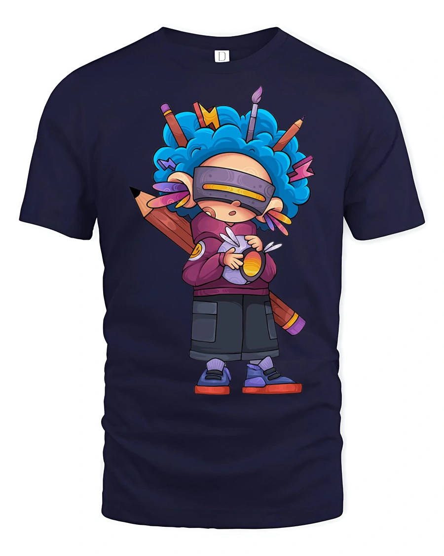 Creative Cyberpunk Artist Blue Hair Pencil Mascot Graphic Tee - 1 Creative Cyberpunk Artist Blue Hair Pencil Mascot Graphic Tee - navy t-shirt on white background