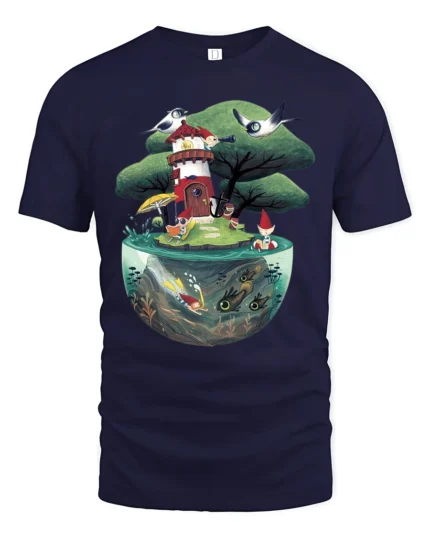 Enchanting Lighthouse Miniature Island Terrarium Graphic Tee - navy t-shirt on white background