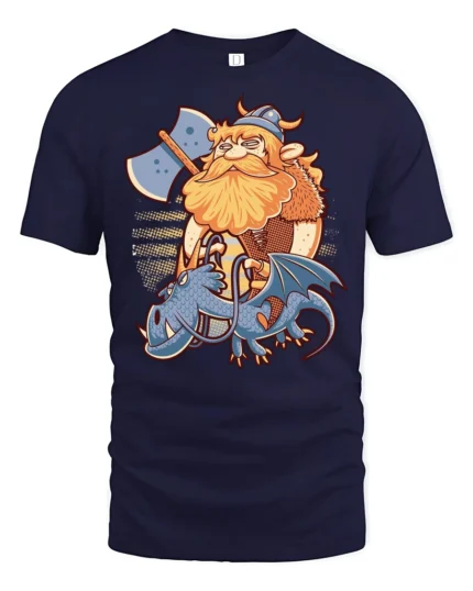 Fearless Viking Warrior Riding Blue Dragon Graphic Tee - navy t-shirt on white background