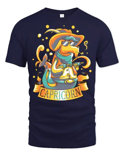 Funky Western Capricorn Sea Goat Zodiac Cowboy Graphic Tee - navy t-shirt on white background