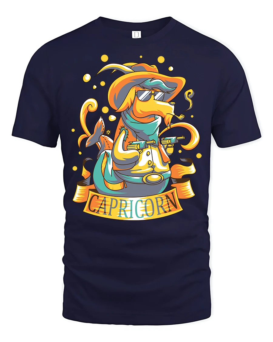Funky Western Capricorn Sea Goat Zodiac Cowboy Graphic Tee - 1 Funky Western Capricorn Sea Goat Zodiac Cowboy Graphic Tee - navy t-shirt on white background