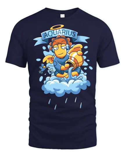 Chill Aquarius Celestial Angel Cloud Serenade Graphic Tee - navy t-shirt on white background
