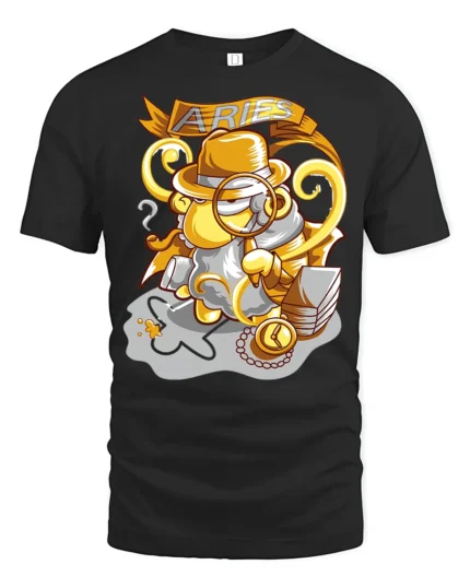 Intrepid Aries Zodiac Detective Inspector Graphic Tshirt - black t-shirt on white background