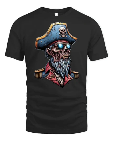 Ghoulish Dead Sea Buccaneer Captain Skeleton Graphic Tee - black t-shirt on white background