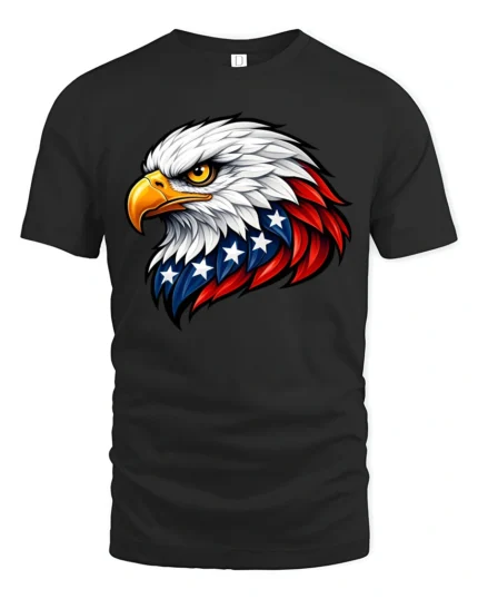 Patriotic American Bald Eagle Flag Feathers Graphic Tee - black t-shirt on white background