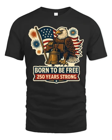 Patriotic Born To Be Free Eagle Liberty Bell Graphic Tee - black t-shirt on white background