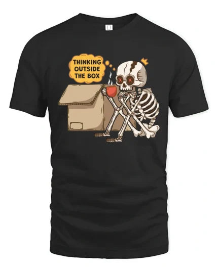 Witty Thinking Outside The Box Skeleton Coffee Graphic Tee - black t-shirt on white background