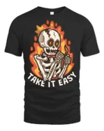 Chill Take It Easy Burning Skeleton Flame Graphic Tshirt - black t-shirt on white background