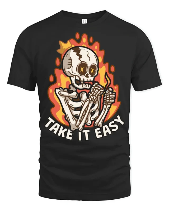 Chill Take It Easy Burning Skeleton Flame Graphic Tshirt - black t-shirt on white background