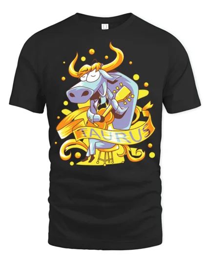 Groovy Taurus Zodiac Bull Serenade Acoustic Guitar Tshirt - black t-shirt on white background