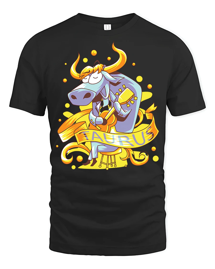 Groovy Taurus Zodiac Bull Serenade Acoustic Guitar Tshirt - 1 Groovy Taurus Zodiac Bull Serenade Acoustic Guitar Tshirt - black t-shirt on white background