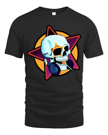 Edgy Rocker Skull Lollipop Headphones Retro Graphic Tshirt - black t-shirt on white background
