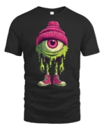 Funky Dripping Cyclops Monster Pink Beanie Graphic Tshirt - black t-shirt on white background