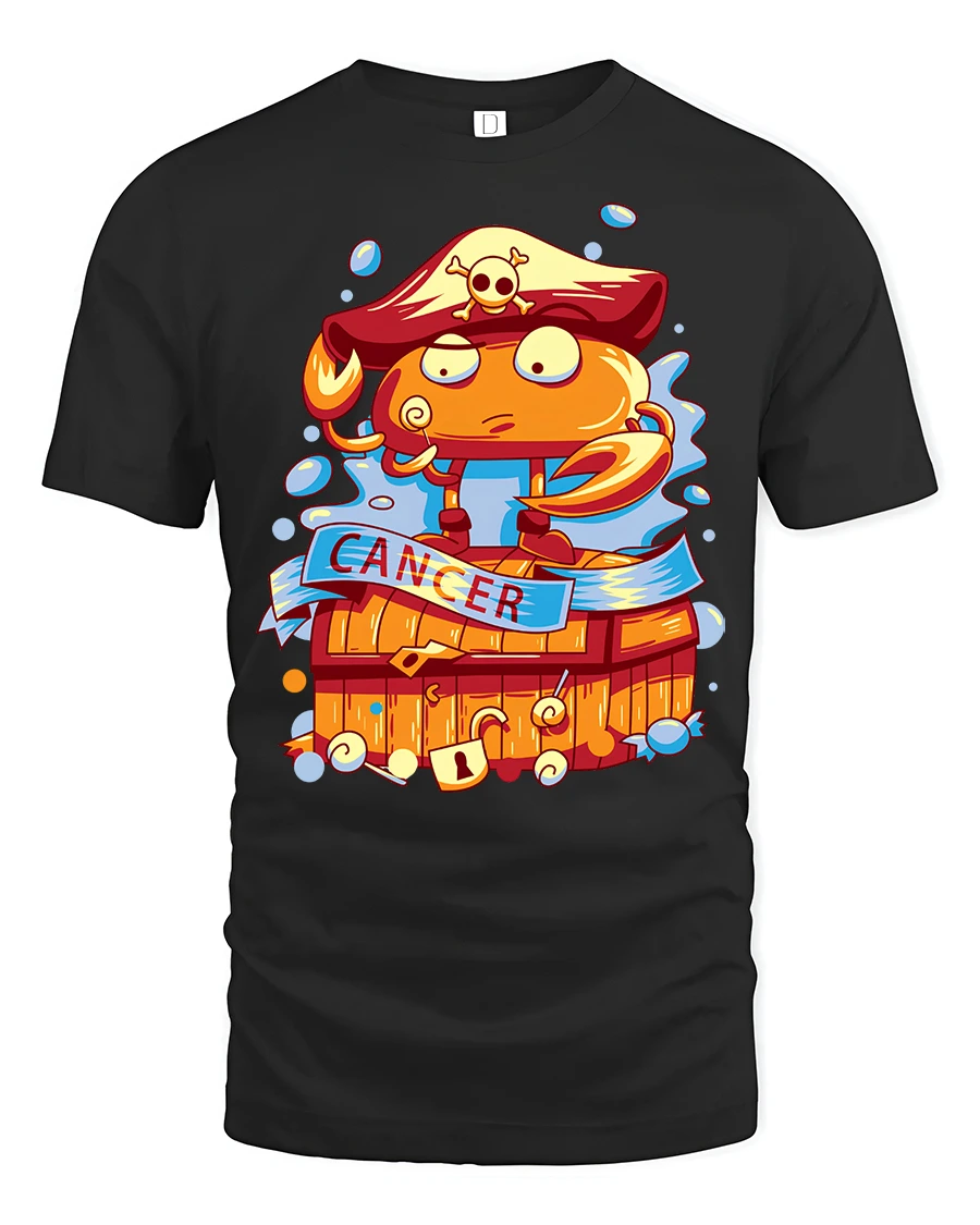 Fearless Cancer Zodiac Pirate Crab Treasure Chest Graphic Tee - 1 Fearless Cancer Zodiac Pirate Crab Treasure Chest Graphic Tee - black t-shirt on white background