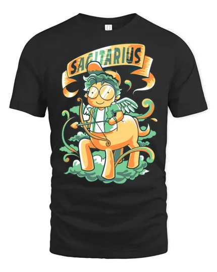 Playful Sagittarius Celestial Centaur Archer Graphic Tee - black t-shirt on white background