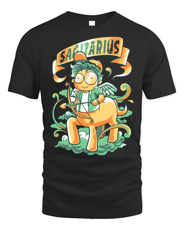 Playful Sagittarius Celestial Centaur Archer Graphic Tee - black t-shirt on white background