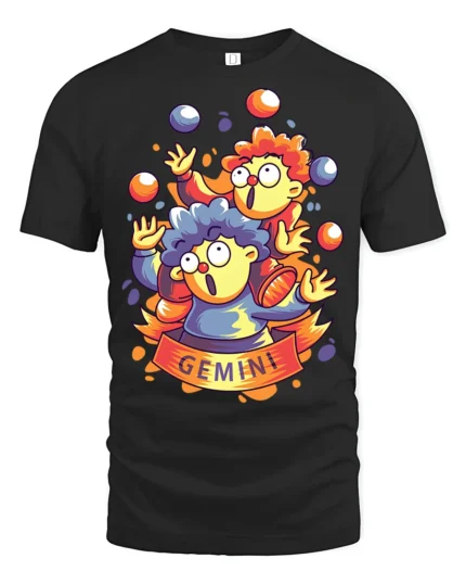 Wacky Gemini Zodiac Juggling Clown Duo Graphic Tee - black t-shirt on white background