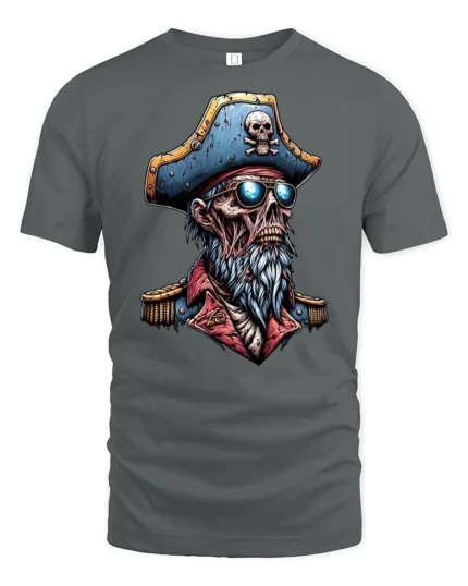 Ghoulish Dead Sea Buccaneer Captain Skeleton Graphic Tee - gray t-shirt on white background