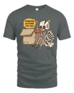 Witty Thinking Outside The Box Skeleton Coffee Graphic Tee - gray t-shirt on white background