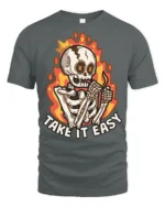 Chill Take It Easy Burning Skeleton Flame Graphic Tshirt - gray t-shirt on white background
