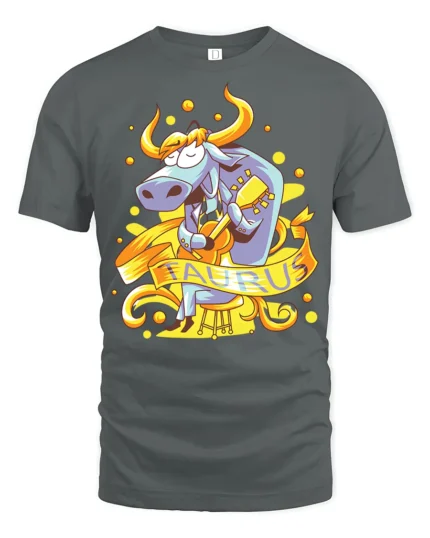 Groovy Taurus Zodiac Bull Serenade Acoustic Guitar Tshirt - gray t-shirt on white background