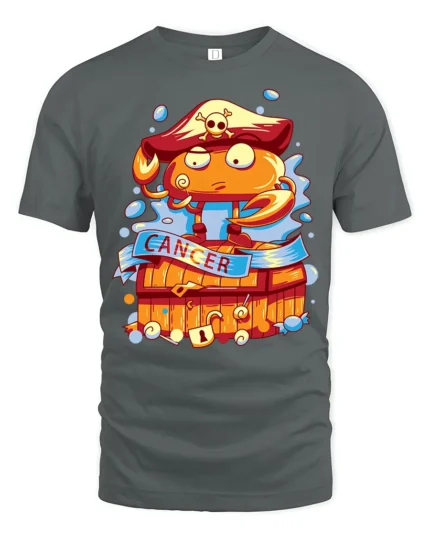 Fearless Cancer Zodiac Pirate Crab Treasure Chest Graphic Tee - gray t-shirt on white background