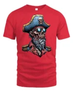 Ghoulish Dead Sea Buccaneer Captain Skeleton Graphic Tee - red t-shirt on white background