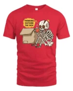 Witty Thinking Outside The Box Skeleton Coffee Graphic Tee - red t-shirt on white background