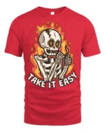 Chill Take It Easy Burning Skeleton Flame Graphic Tshirt - red t-shirt on white background