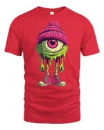 Funky Dripping Cyclops Monster Pink Beanie Graphic Tshirt - red t-shirt on white background