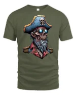 Ghoulish Dead Sea Buccaneer Captain Skeleton Graphic Tee - military green t-shirt on white background