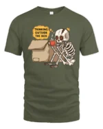 Witty Thinking Outside The Box Skeleton Coffee Graphic Tee - military green t-shirt on white background