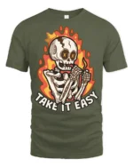 Chill Take It Easy Burning Skeleton Flame Graphic Tshirt - military green t-shirt on white background