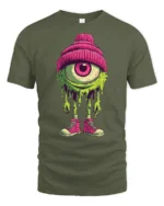 Funky Dripping Cyclops Monster Pink Beanie Graphic Tshirt - military green t-shirt on white background