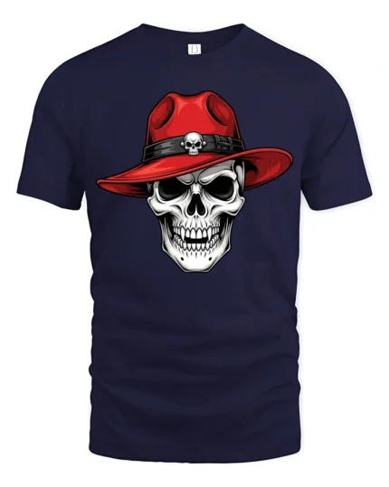 Gothic Vampire Skull Crimson Fedora Hat Graphic Tshirt - navy t-shirt on white background