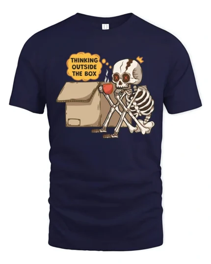 Witty Thinking Outside The Box Skeleton Coffee Graphic Tee - navy t-shirt on white background