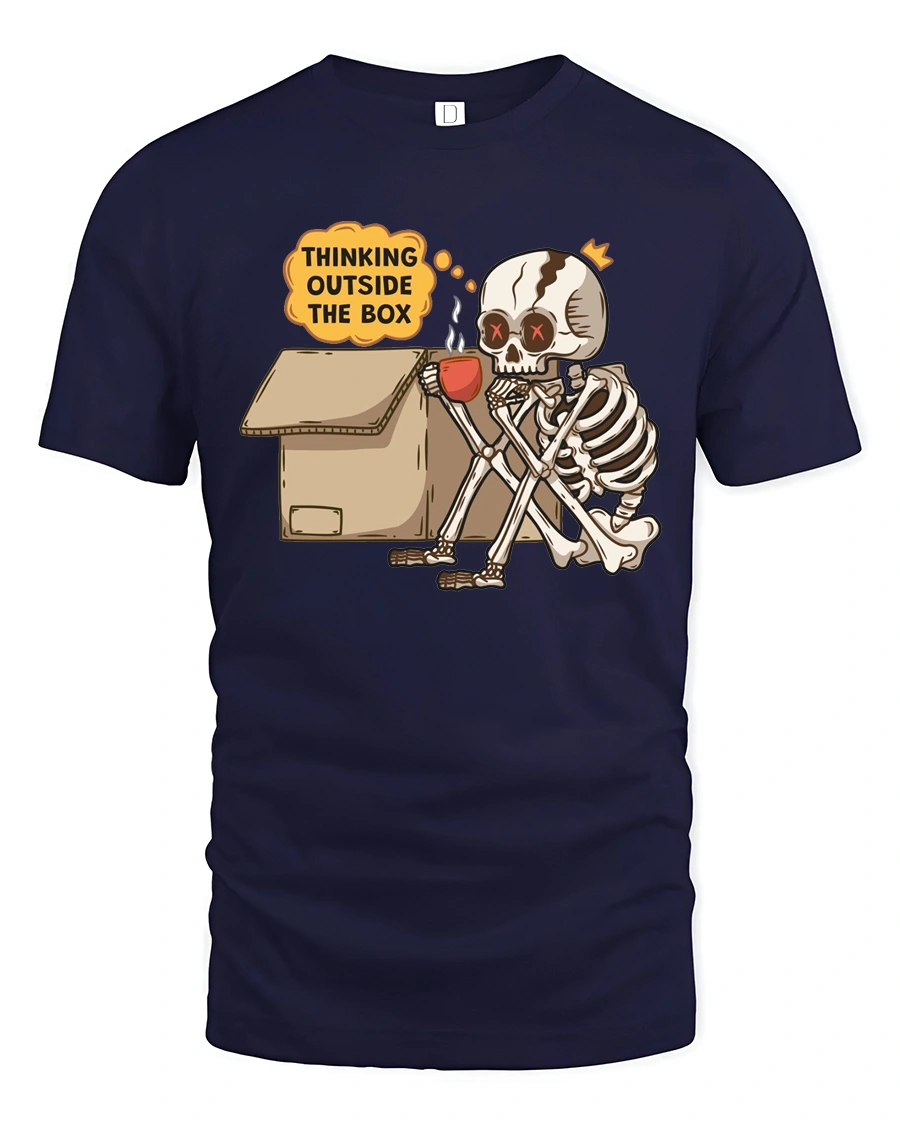Witty Thinking Outside The Box Skeleton Coffee Graphic Tee - 1 Witty Thinking Outside The Box Skeleton Coffee Graphic Tee - navy t-shirt on white background