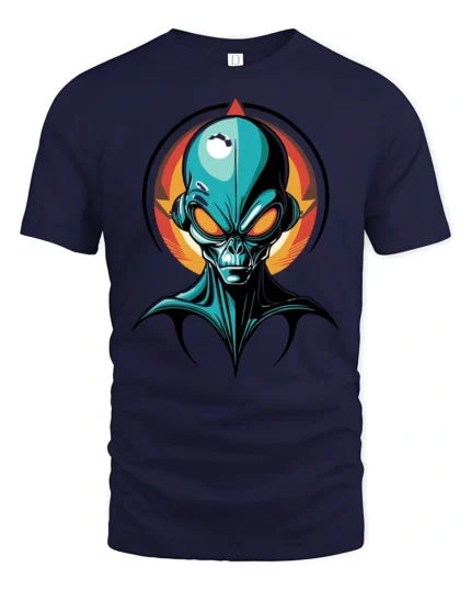 Futuristic Cyberpunk Extraterrestrial Alien Sci Fi Graphic Tee - navy t-shirt on white background