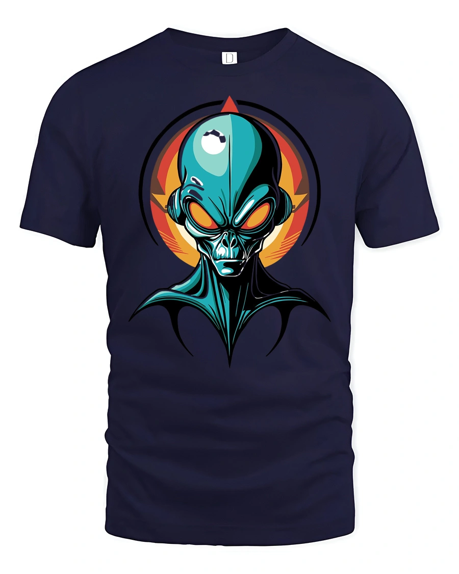 Futuristic Cyberpunk Extraterrestrial Alien Sci Fi Graphic Tee - 1 Futuristic Cyberpunk Extraterrestrial Alien Sci Fi Graphic Tee - navy t-shirt on white background