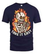 Chill Take It Easy Burning Skeleton Flame Graphic Tshirt - navy t-shirt on white background