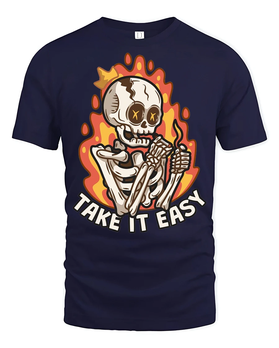 Chill Take It Easy Burning Skeleton Flame Graphic Tshirt - 1 Chill Take It Easy Burning Skeleton Flame Graphic Tshirt - navy t-shirt on white background