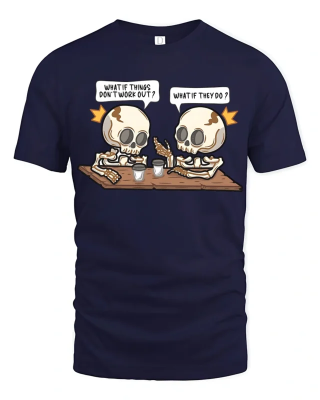 Witty What If Things Work Out Skeleton Cafe Graphic Tee - navy t-shirt on white background