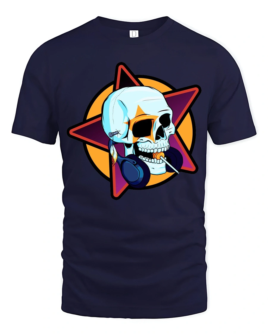 Edgy Rocker Skull Lollipop Headphones Retro Graphic Tshirt - 1 Edgy Rocker Skull Lollipop Headphones Retro Graphic Tshirt - navy t-shirt on white background