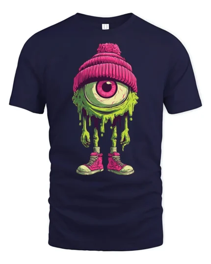 Funky Dripping Cyclops Monster Pink Beanie Graphic Tshirt - navy t-shirt on white background