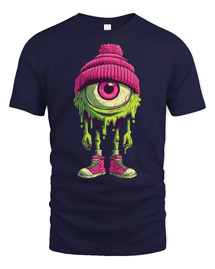 Funky Dripping Cyclops Monster Pink Beanie Graphic Tshirt - 1 Funky Dripping Cyclops Monster Pink Beanie Graphic Tshirt - navy t-shirt on white background